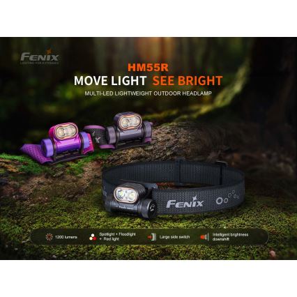 Fenix HM55RPRP - LED stmievateľná nabíjateľná čelovka LED/USB/1xCR123A 1600 mAh IP68 1200 lm 141,2 h fialová/čierna