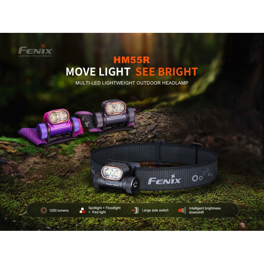 Fenix HM55RPRP - LED stmievateľná nabíjateľná čelovka LED/USB/1xCR123A 1600 mAh IP68 1200 lm 141,2 h fialová/čierna
