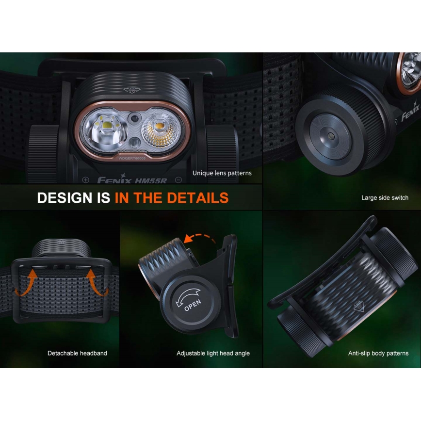 Fenix HM55RPRP - LED stmievateľná nabíjateľná čelovka LED/USB/1xCR123A 1600 mAh IP68 1200 lm 141,2 h fialová/čierna