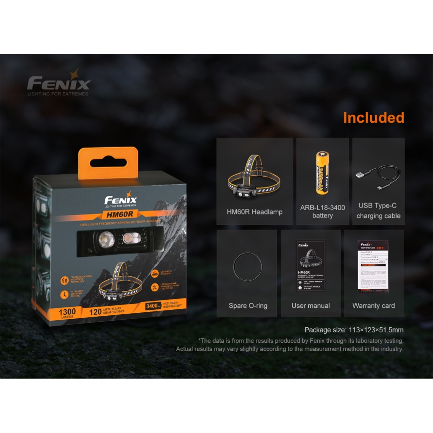 Fenix HM60R - LED Stmievateľná nabíjacia čelovka 4xLED/USB/2xCR123A IP68 1300 lm 300 h 3400 mAh
