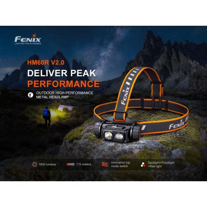 Fenix HM60RV20 - stmievateľná LED nabíjacia čelovka LED/USB 4000 mAh IP68 1600 lm 292 h oranžová