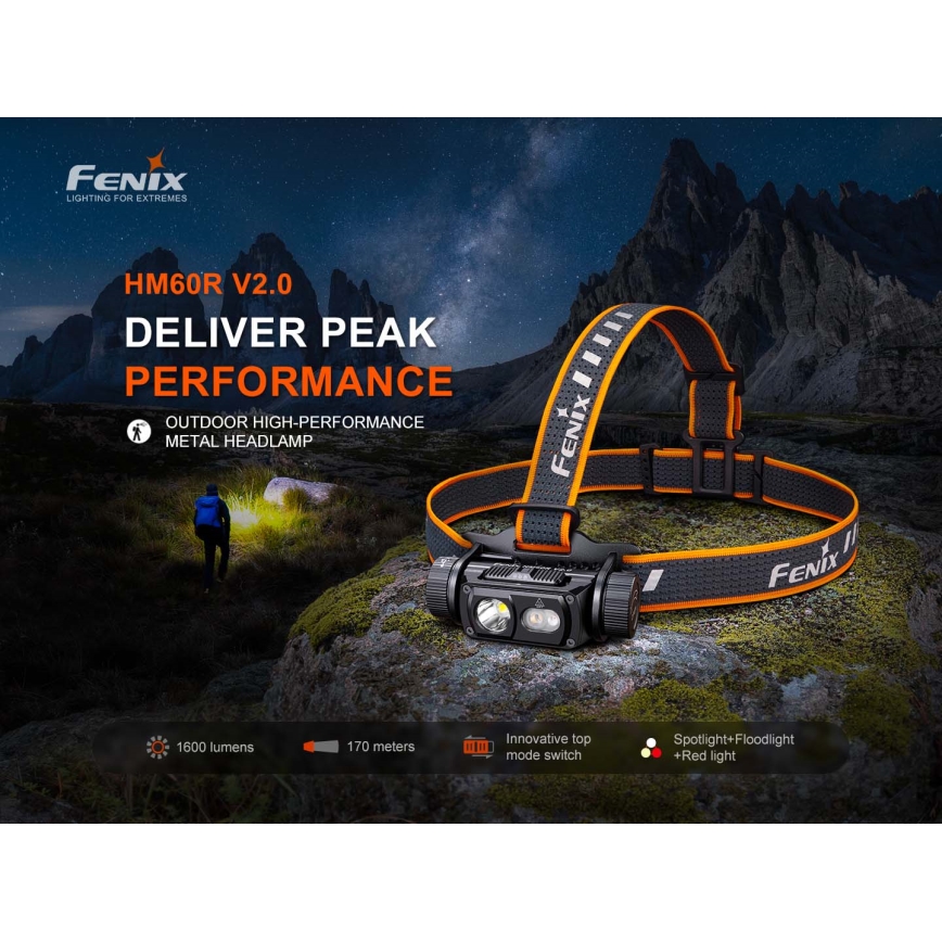 Fenix HM60RV20 - stmievateľná LED nabíjacia čelovka LED/USB 4000 mAh IP68 1600 lm 292 h oranžová
