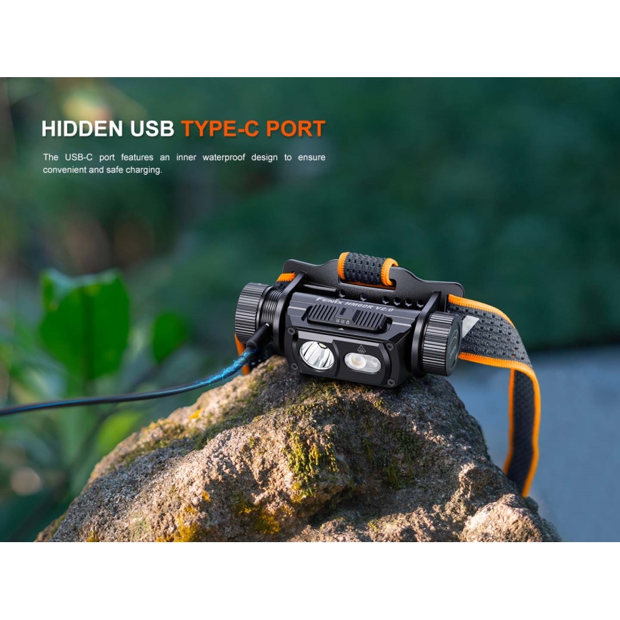Fenix HM60RV20 - stmievateľná LED nabíjacia čelovka LED/USB 4000 mAh IP68 1600 lm 292 h oranžová