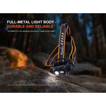 Fenix HM60RV20 - stmievateľná LED nabíjacia čelovka LED/USB 4000 mAh IP68 1600 lm 292 h oranžová