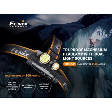 Fenix HM65R - LED Nabíjacia čelovka 2xLED/USB/2xCR123A IP68 1400 lm 300 h 3400 mAh