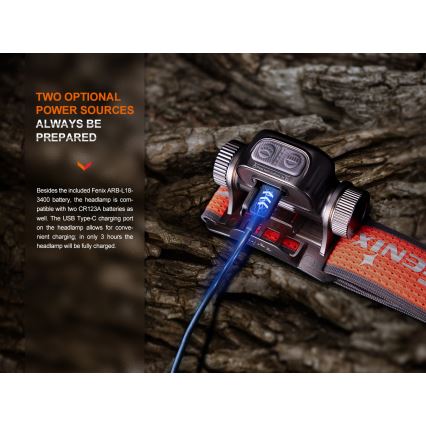 Fenix HM65RTV20BLC- LED Stmievateľná nabíjacia čelovka LED/USB/2xCR123A IP68 3400 mAh čierna/oranžová
