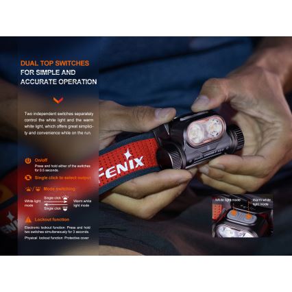 Fenix HM65RTV20BLC- LED Stmievateľná nabíjacia čelovka LED/USB/2xCR123A IP68 3400 mAh čierna/oranžová