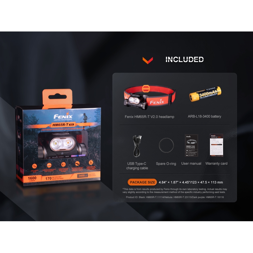 Fenix HM65RTV20BLC- LED Stmievateľná nabíjacia čelovka LED/USB/2xCR123A IP68 3400 mAh čierna/oranžová