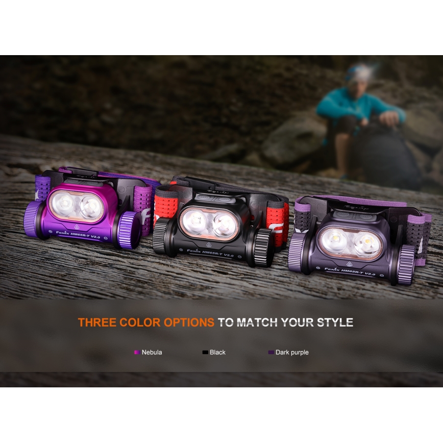 Fenix HM65RTV20PRP - LED Stmievateľná nabíjacia čelovka LED/USB/2xCR123A IP68 1600 lm 300h 3400 mAh čierna/fialová