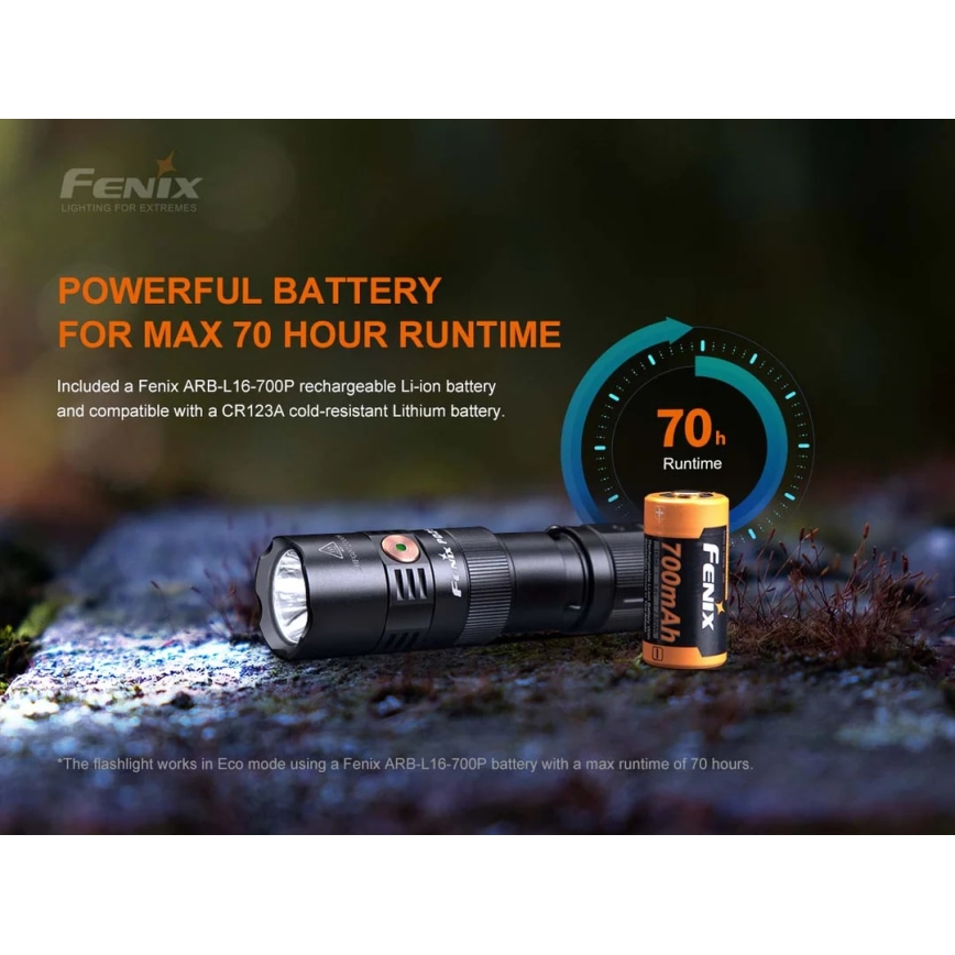 Fenix PD25R - LED nabíjacia baterka LED/USB/1xCR123A IP68 800 lm 70 h 700 mAh