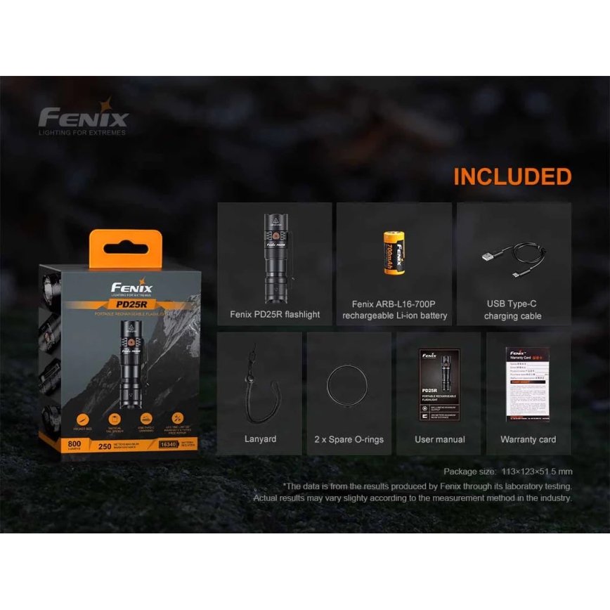 Fenix PD25R - LED nabíjacia baterka LED/USB/1xCR123A IP68 800 lm 70 h 700 mAh