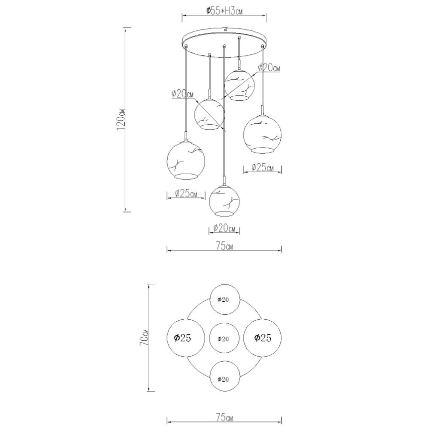 Globo - Závesný luster na lanku, 5 × E27, max. 60 W, 230 V, priemer 75 cm