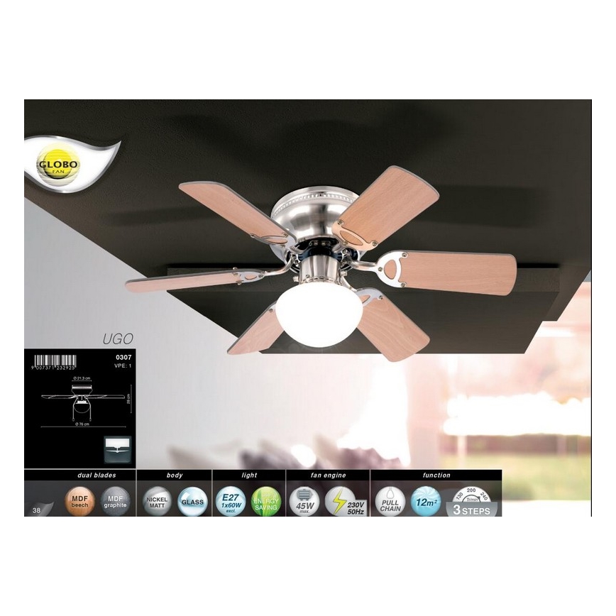 GLOBO 0307 - Stropný ventilátor UGO 1xE27/60W/230V