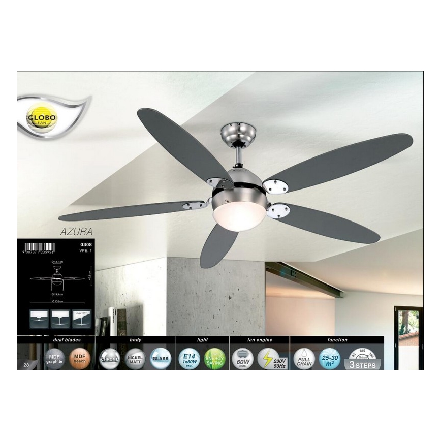 GLOBO 0308 - Stropní ventilátor AZURA 1xE14/60W/230V