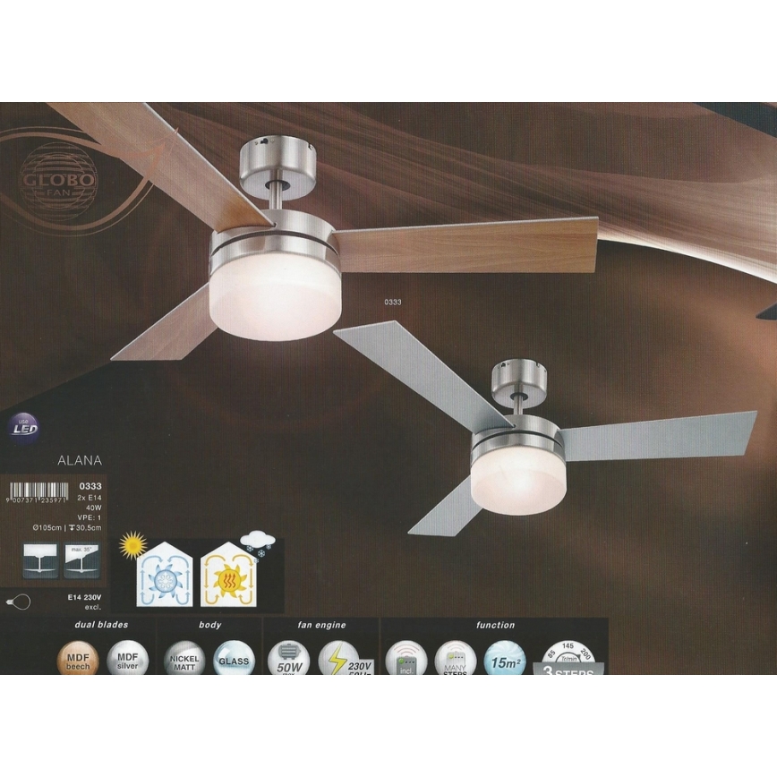 GLOBO 0333 - Stropný ventilátor ALANA 2xE14/40W/230V