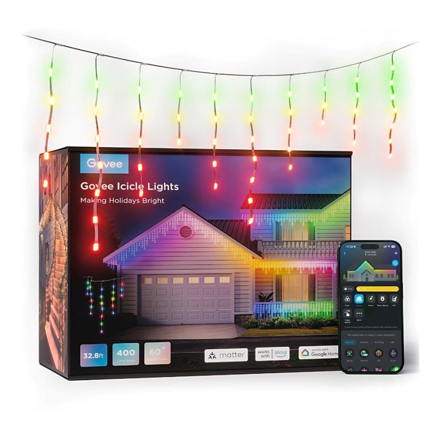 Govee - LED RGBIC Vonkajšia reťaz Smart cencúle 10m Wi-Fi Matter IP65