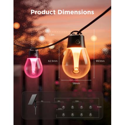 Govee - LED RGBICW Solárny reťazec 8xLED/6W/5V Wi-Fi Matter IP67