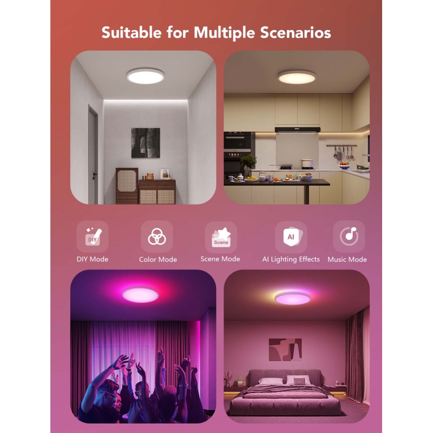 Govee - LED RGBICWW Stmievateľné stropné svietidlo LED/29W/230V, priemer 30 cm, matné, Wi-Fi