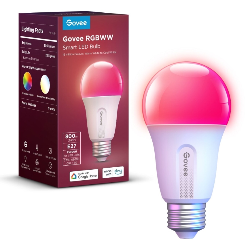 Govee - LED RGBWW Stmievateľná žiarovka Smart E27/9W/230V 2700-6500K Wi-Fi