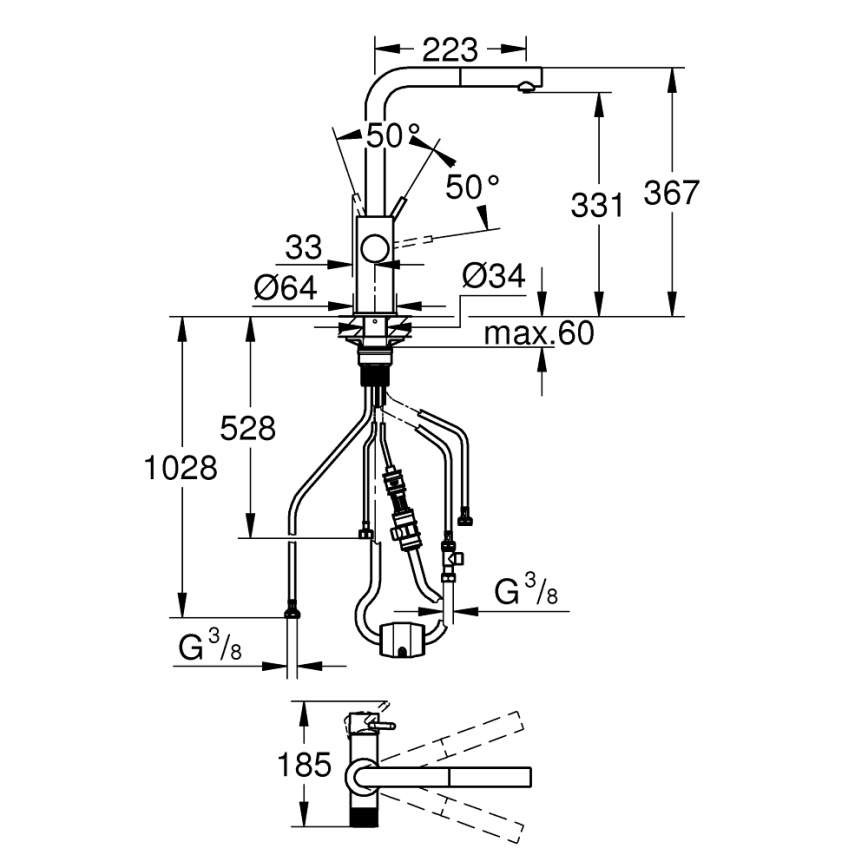 GROHE 30601DC0 - Drezová batéria BLUE PURE s výsuvnou koncovkou, nerez