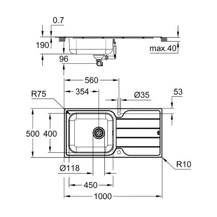 GROHE 31563SD1 - Drez K500 1000 × 500 mm nerezová oceľ