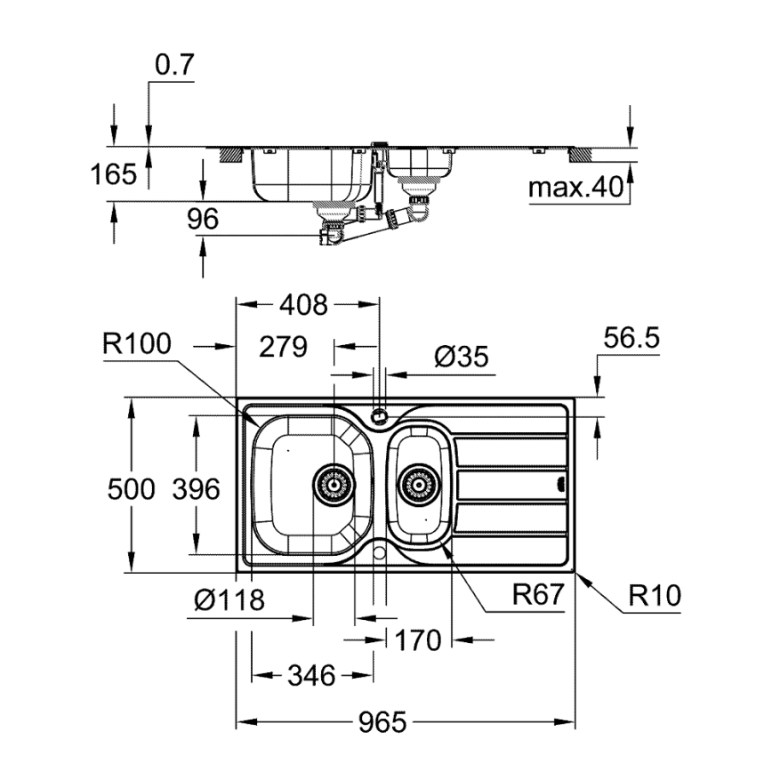 GROHE 31564SD1 - Drez K200 965 × 500 mm, nerezová oceľ