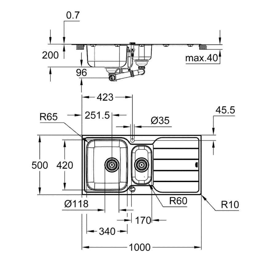 GROHE 31572SD1 - Drez K500 1000 × 500 mm nerezová oceľ