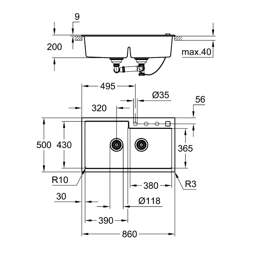 GROHE 31649AP0 - Kompozitný drez K500 860 × 500 mm čierny