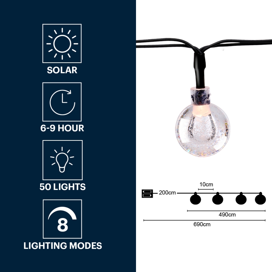 Grundig - LED solárny reťazec 50xLED/8 funkcií 6,9 m teplá biela 600 mAh