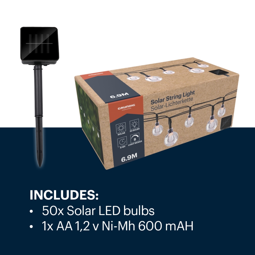 Grundig - LED solárny reťazec 50xLED/8 funkcií 6,9 m teplá biela 600 mAh
