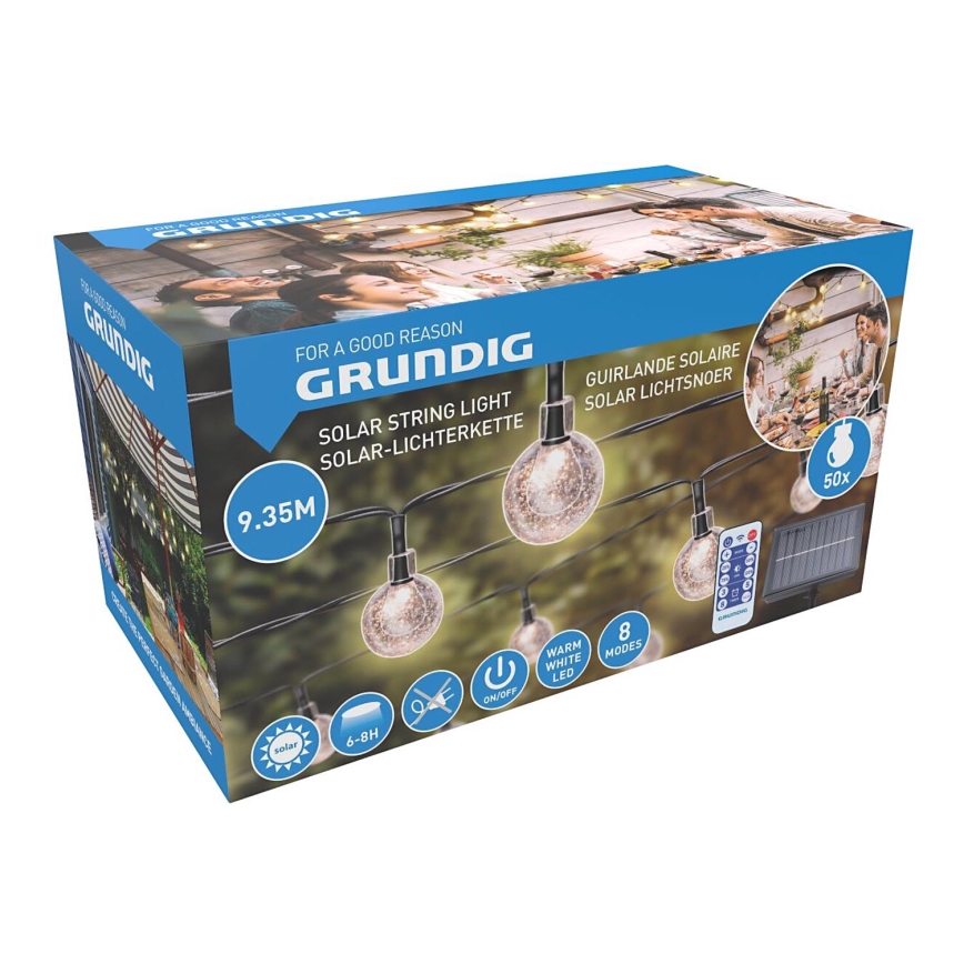 Grundig - LED Stmievateľná solárna reťaz 50xLED/8 funkcií 9,35m teplá biela + diaľkové ovládanie