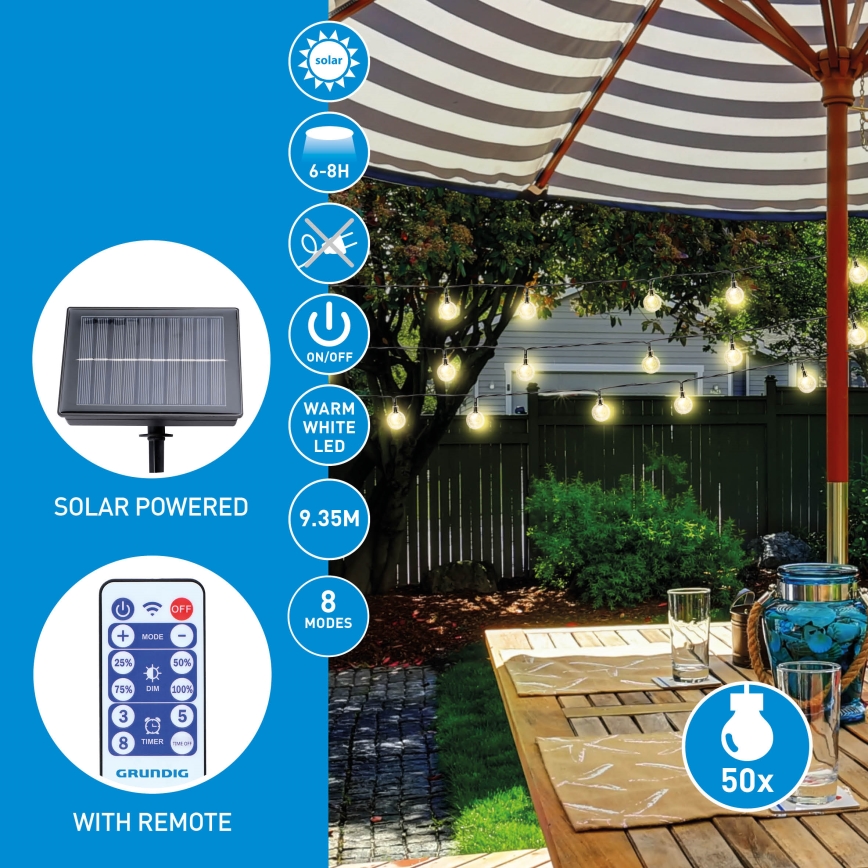 Grundig - LED Stmievateľná solárna reťaz 50xLED/8 funkcií 9,35m teplá biela + diaľkové ovládanie