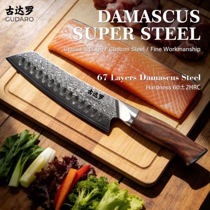 Gudaro - Damaškový Santoku kuchynský nôž TAKUMI 7, 67 vrstiev ocele, dĺžka 17,5 cm, orech