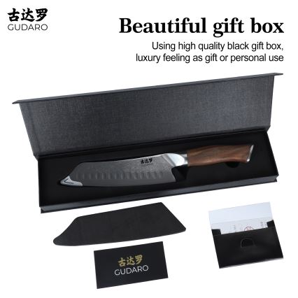 Gudaro - Damaškový Santoku kuchynský nôž TAKUMI 7, 67 vrstiev ocele, dĺžka 17,5 cm, orech