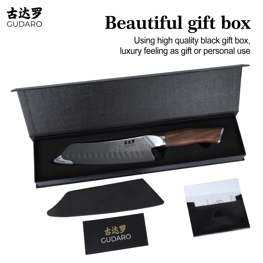 Gudaro - Damaškový Santoku kuchynský nôž TAKUMI 7, 67 vrstiev ocele, dĺžka 17,5 cm, orech