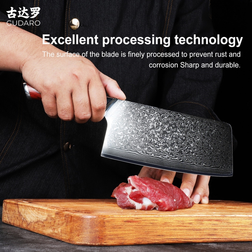 Gudaro - Damaškový kuchynský sekáč KENSHO 6,5, 67 vrstiev ocele, dĺžka 16,2 cm