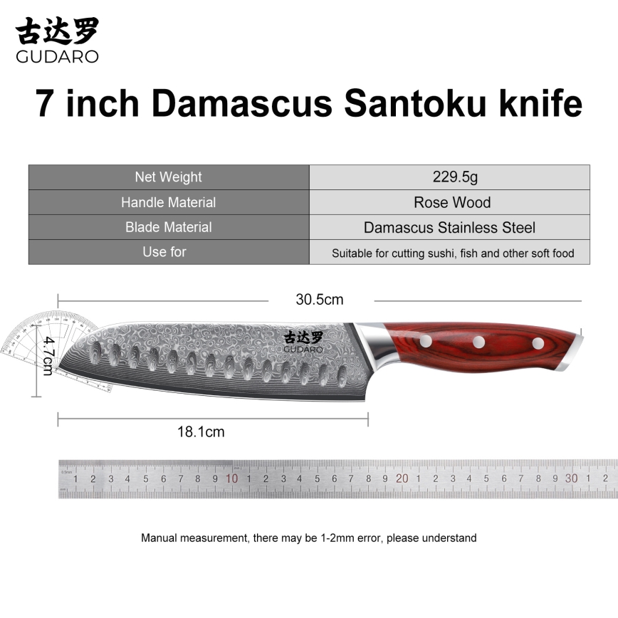 Gudaro - Damaškový Santoku kuchynský nôž KENSHO 7, 67 vrstiev ocele, dĺžka 17,5 cm