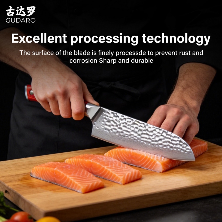 Gudaro - Damaskový Santoku kuchynský nôž MIYABI 7, 67 vrstiev ocele, dĺžka 17,5 cm