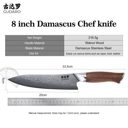 Gudaro - Damaškový šéfkuchársky nôž TAKUMI 8, 67 vrstiev ocele, dĺžka 20 cm, orech