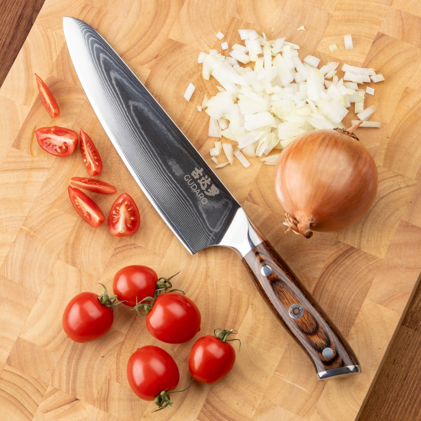 Gudaro - SADA 1x Damaškový šéfkuchársky nôž FENG 8, 67 vrstiev ocele, dĺžka 20 cm + 1x damaškový Santoku kuchynský nôž FENG 7,5, 67 vrstiev ocele, dĺžka 18 cm + 1x ZADARMO damaškový kuchynský nôž na ovocie FENG 3,5, 67 vrstiev ocele, dĺžka 9,5 cm