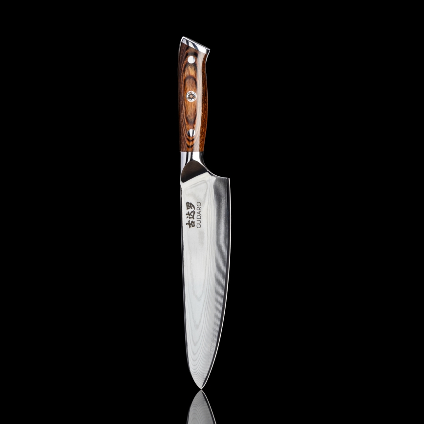 Gudaro - SADA 1x Damaškový šéfkuchársky nôž FENG 8, 67 vrstiev ocele, dĺžka 20 cm + 1x damaškový Santoku kuchynský nôž FENG 7,5, 67 vrstiev ocele, dĺžka 18 cm + 1x ZADARMO damaškový kuchynský nôž na ovocie FENG 3,5, 67 vrstiev ocele, dĺžka 9,5 cm