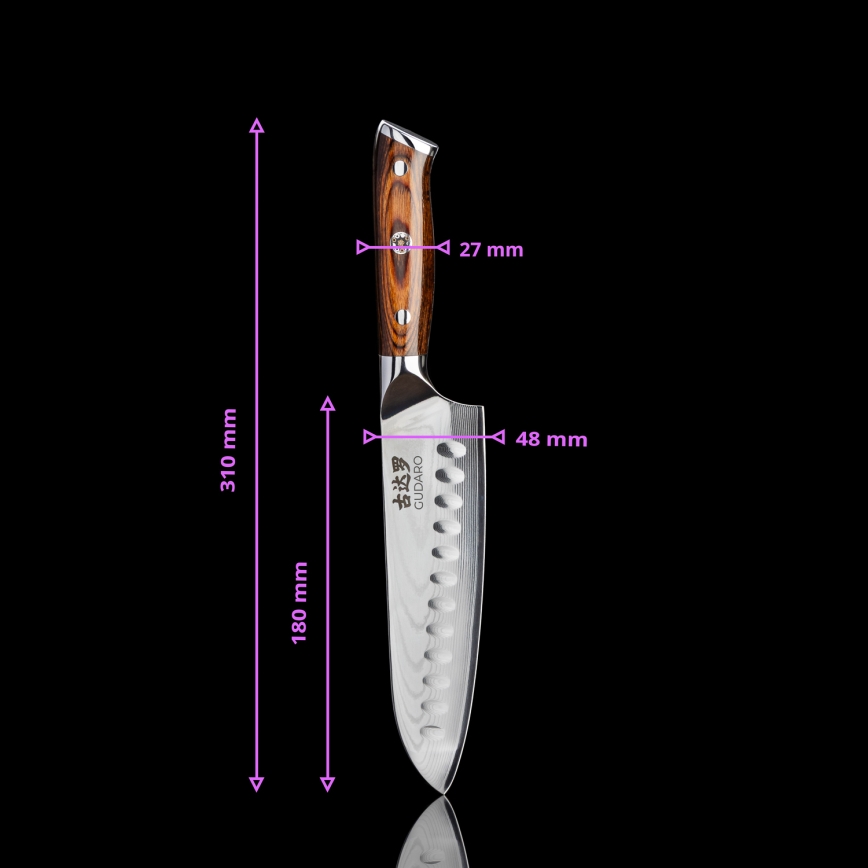 Gudaro - SADA 1x Damaškový šéfkuchársky nôž FENG 8, 67 vrstiev ocele, dĺžka 20 cm + 1x damaškový Santoku kuchynský nôž FENG 7,5, 67 vrstiev ocele, dĺžka 18 cm + 1x ZADARMO damaškový kuchynský nôž na ovocie FENG 3,5, 67 vrstiev ocele, dĺžka 9,5 cm