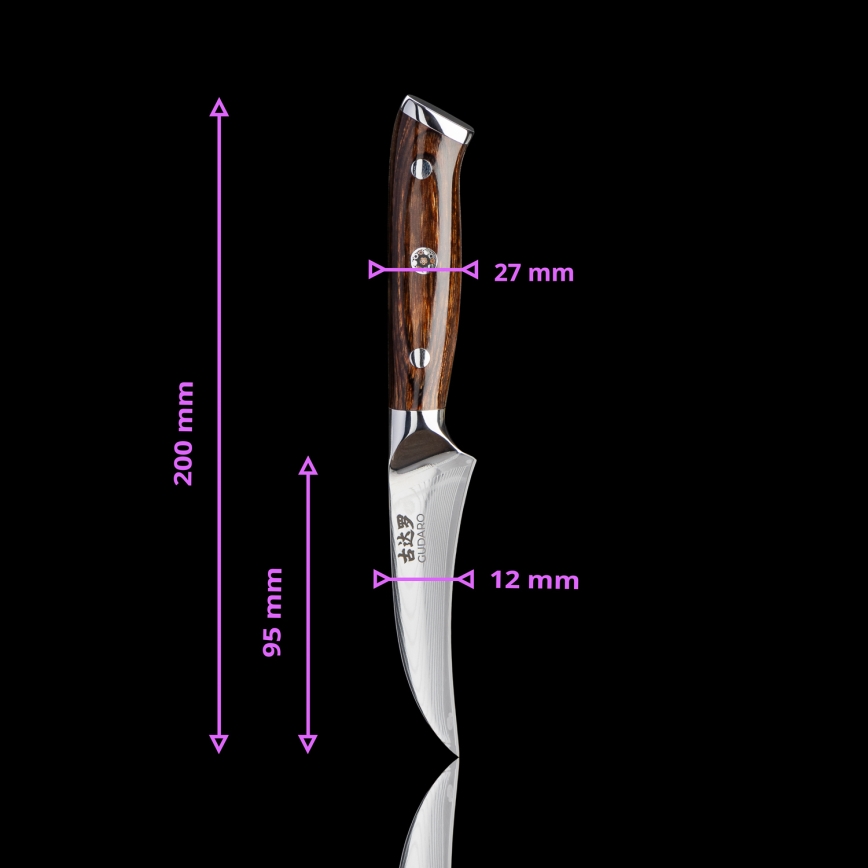 Gudaro - SADA 1x Damaškový šéfkuchársky nôž FENG 8, 67 vrstiev ocele, dĺžka 20 cm + 1x damaškový Santoku kuchynský nôž FENG 7,5, 67 vrstiev ocele, dĺžka 18 cm + 1x ZADARMO damaškový kuchynský nôž na ovocie FENG 3,5, 67 vrstiev ocele, dĺžka 9,5 cm