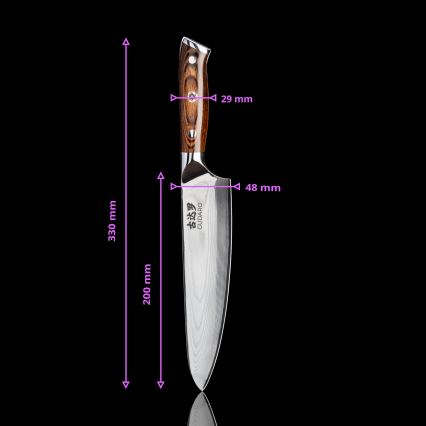 Gudaro - SADA 1x damaškový šéfkuchársky nôž FENG 8, 67 vrstiev ocele, dĺžka 20 cm + 1x damaškový Santoku kuchynský nôž FENG 7,5, 67 vrstiev ocele, dĺžka 18 cm + 1x ZADARMO damaškový kuchynský nôž FENG 3,5, 67 vrstiev ocele, dĺžka 9,5 cm