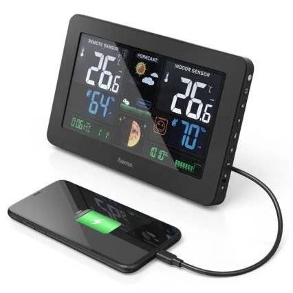 Hama - Meteostanica s farebným LCD displejom a budíkom + USB čierna