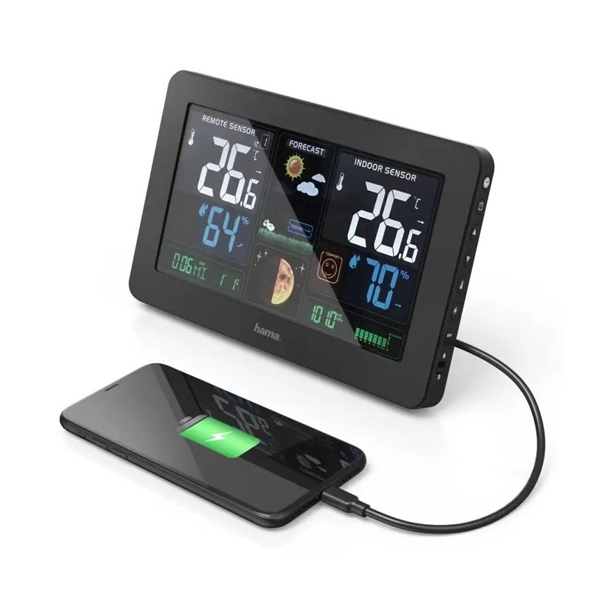 Hama - Meteostanica s farebným LCD displejom a budíkom + USB čierna