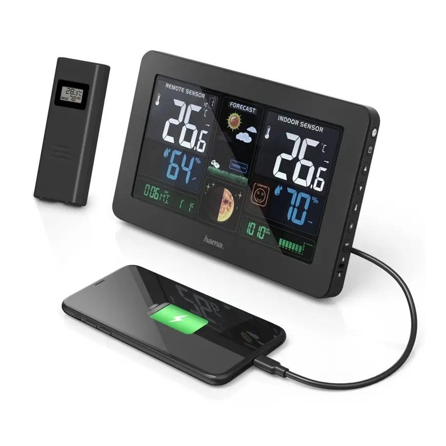 Hama - Meteostanica s farebným LCD displejom a budíkom + USB čierna