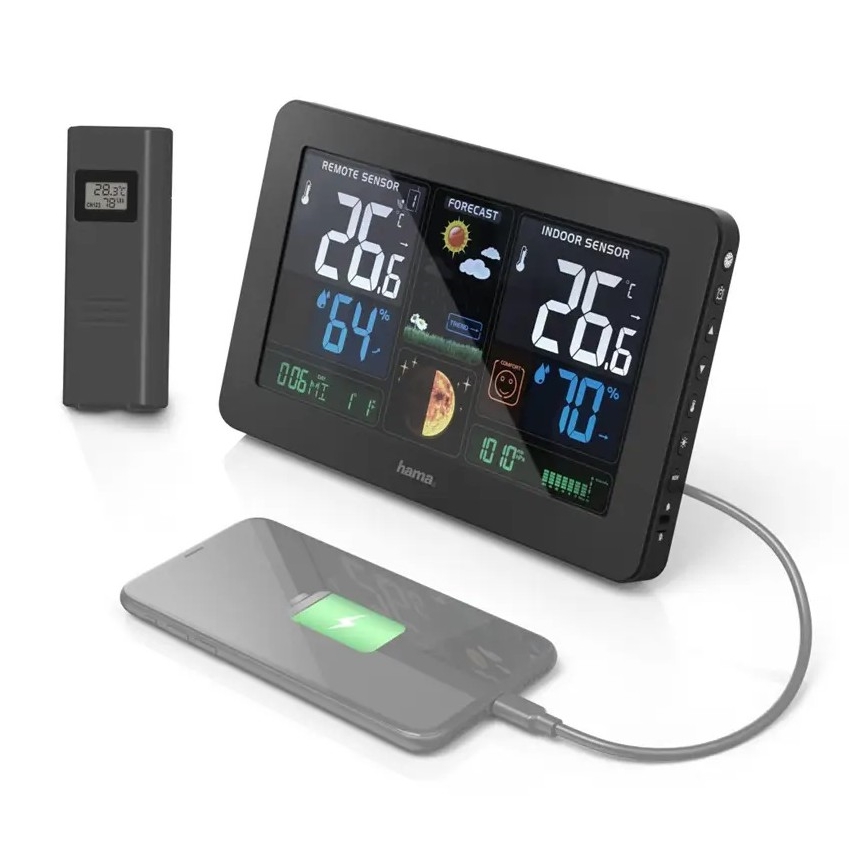 Hama - Meteostanica s farebným LCD displejom a budíkom + USB čierna