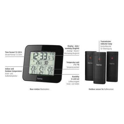 Hama - Meteostanica s LCD displejom a budíkom 3xAAA + 3x senzor 2xAA