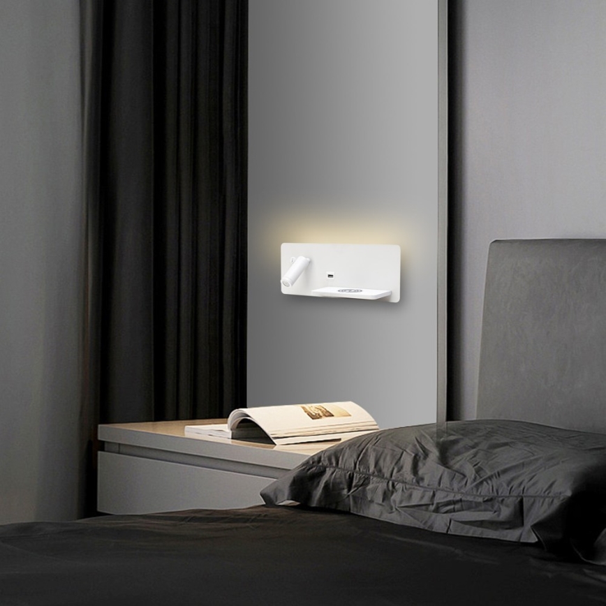 Immax 08285L - LED Nástenné bodové svietidlo s poličkou, USB portom a bezdrôtovým nabíjaním Be PREPARE LED/3W/230V + LED/3W biela